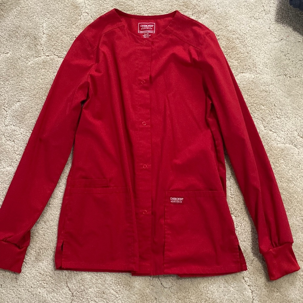 Cherokee workwear red scrub jacket top long sleeve size small S